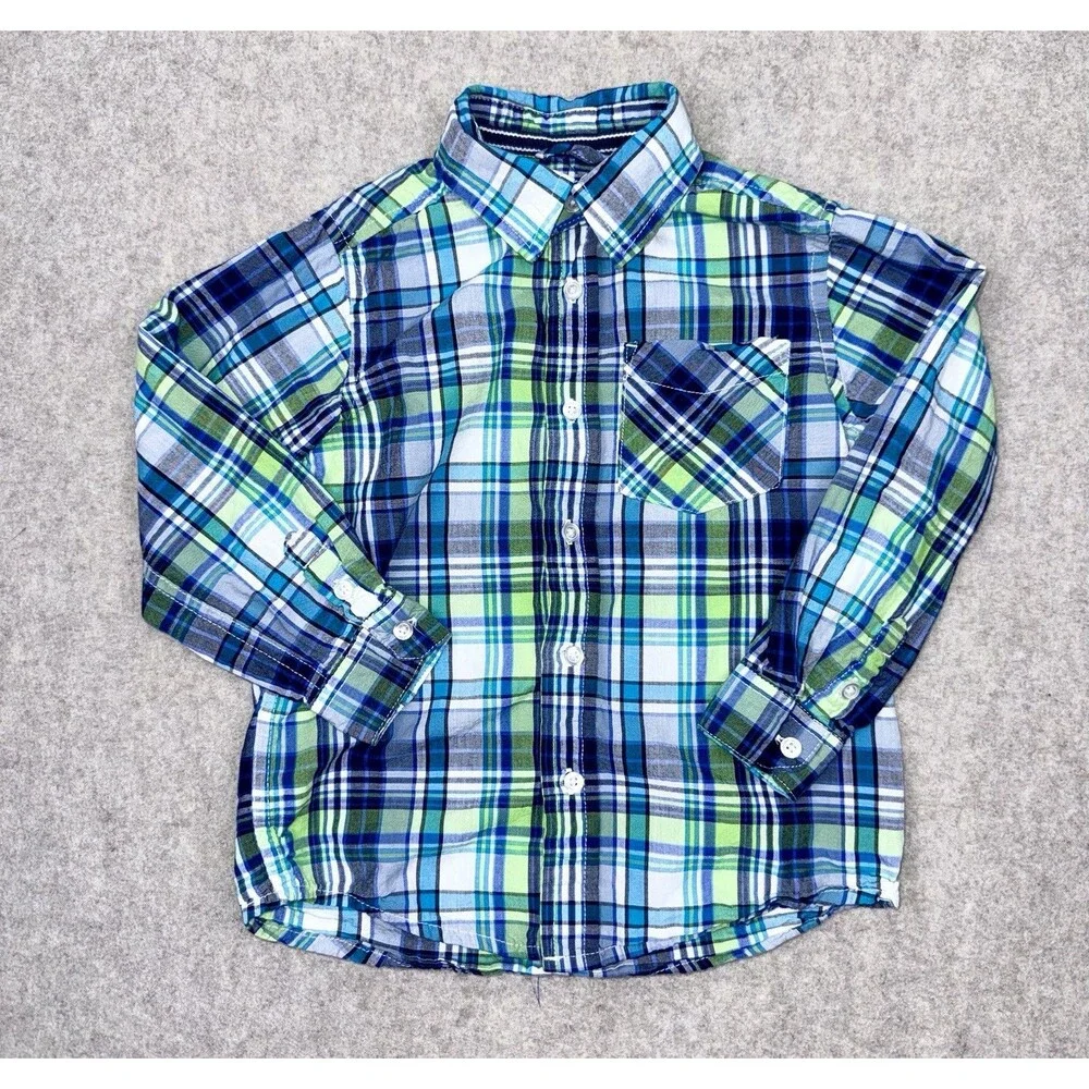The Children’s Place Boys 4T Blue Green Plaid Long Sleeve Button Up